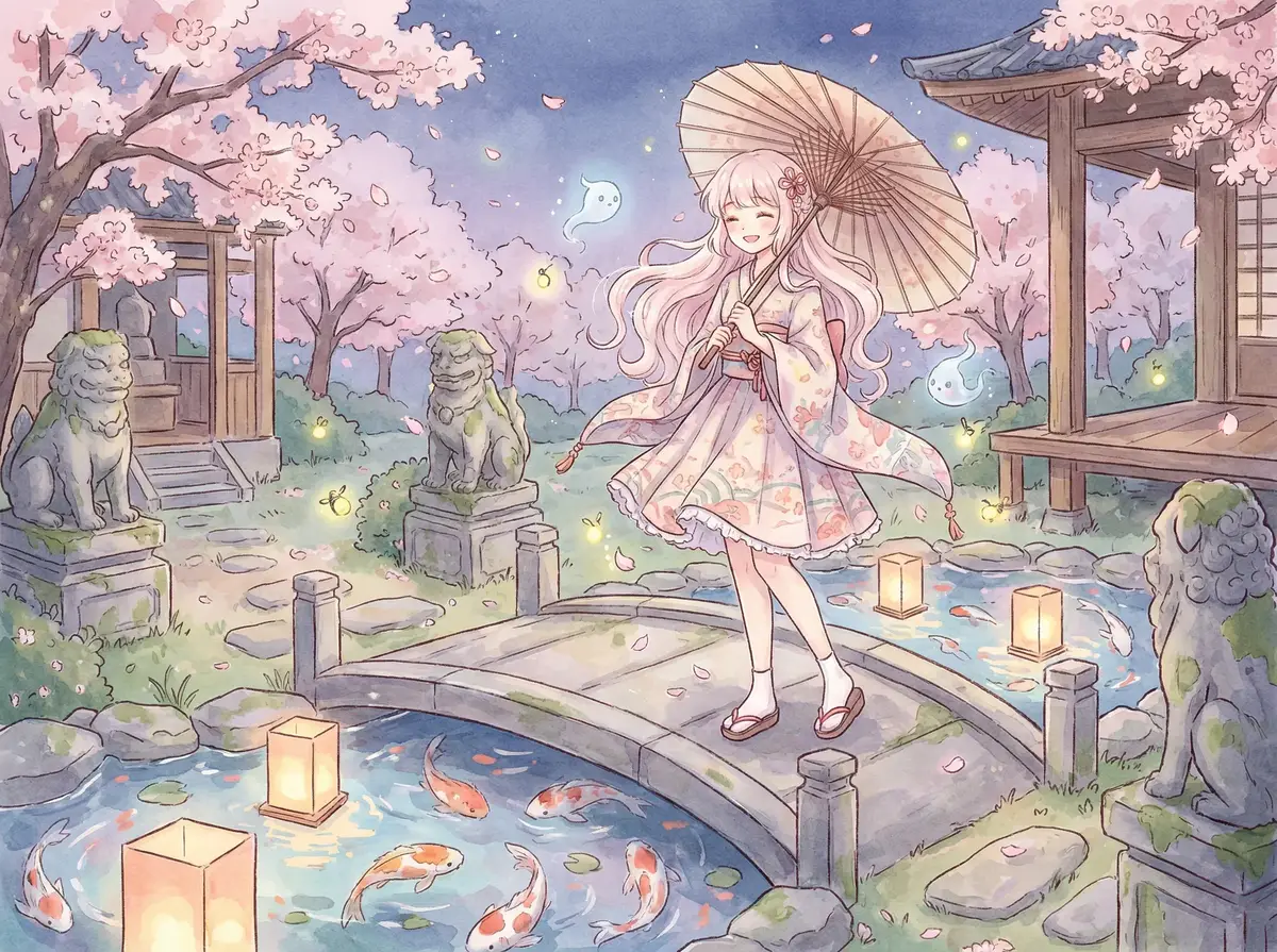 花间鹿作品 - 樱花庭院中的和风少女