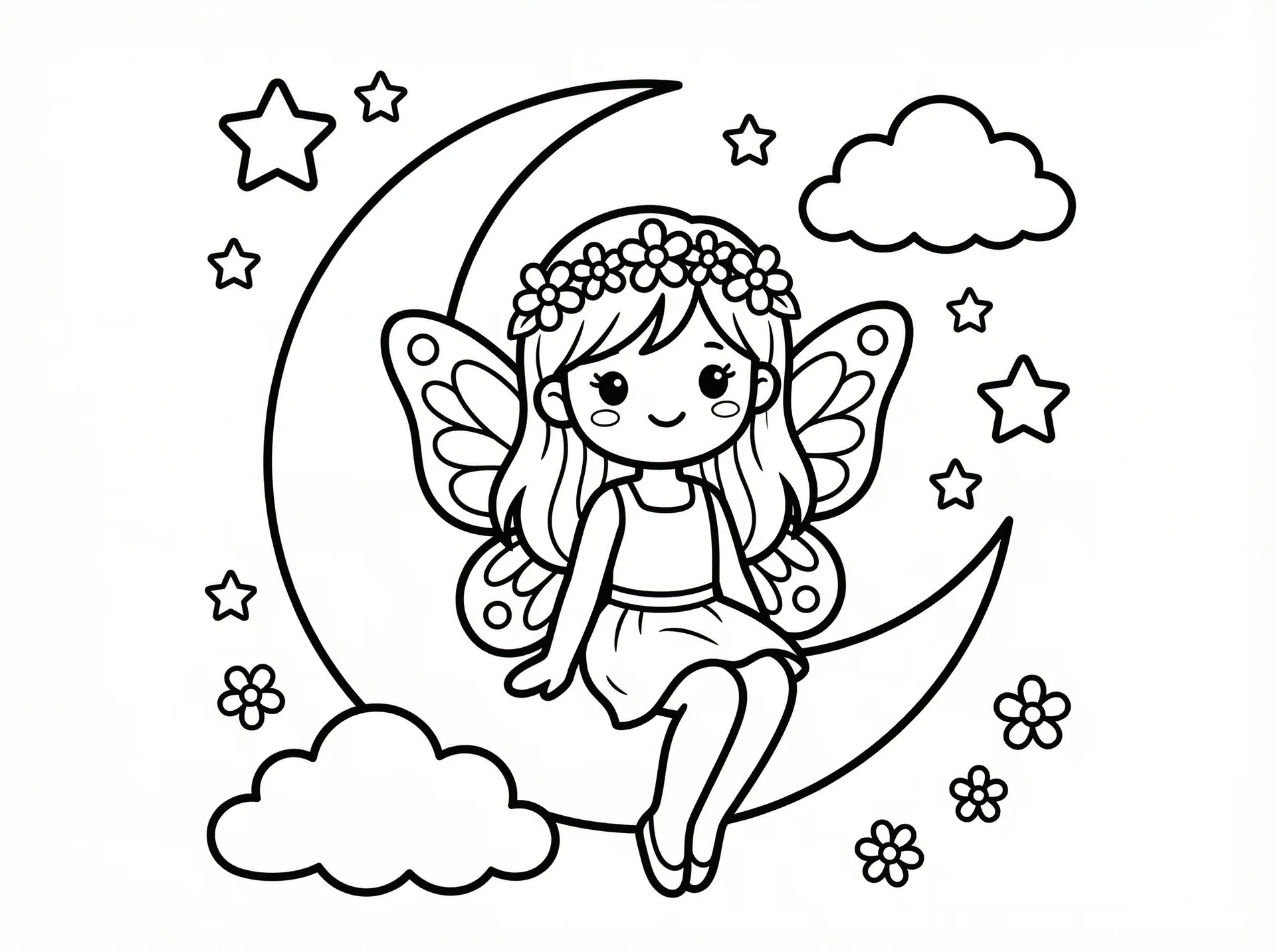 小萝莉 - 月亮上的蝴蝶翅膀精灵涂色线稿